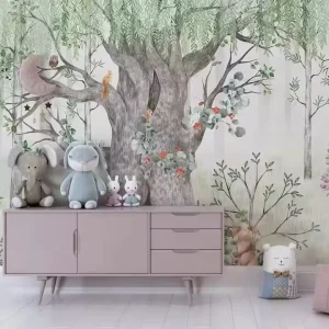 Custom Creative Modern Tree Fabric Wallpaper Peel Stick Removable Wall Murals for Kids’ Living Room Home Decor Small Animals