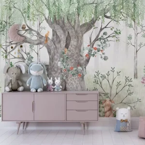 Custom Creative Tree Fabric Wallpaper Kids Living Room Wall Murals Big Tree and Small Animals Removable Wallpaper for Home Decor
