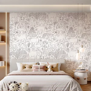 Custom Cute Kids Room Wallpaper Mural Black & White Line Art Animal Pattern Wall Art Durable Non Toxic for Nursery Toddler Room