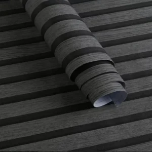 Custom Dark Gray Waterproof Fireproof 3D Wooden Stripes Peel Stick Self Adhesive Vinyl Wallpaper for Bedroom Entertainment