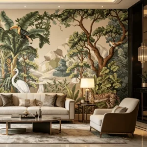 Custom Digital Printed Natural Linen Wallpaper Jungle Pattern Eco-Friendly for Residential Interior Decoration