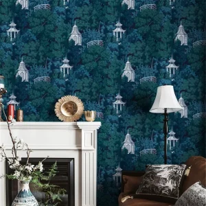 Custom Easy Waterproof Modern Bedroom Living Room Wall Decoration White Pavilion Navy Blue Forest 3D Paper Wallpaper Mural
