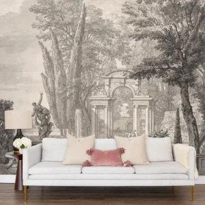 Custom Embossed Vintage Garden Wall Mural Sculpture Pavilion Italian Landscape