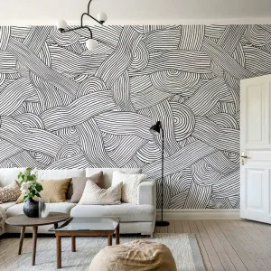 Custom Embossed Waterproof Black and White Wavy Line Abstract Wallpaper Mural