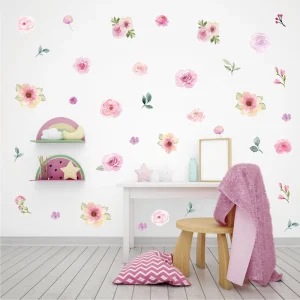 Watercolor Pink Flowers Wall Decal Blooming Peony Floral Wall Sticker for Girls Bedroom Wedding Party