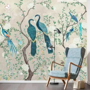 Custom Luxury 3D Chinoiserie Peacock Flower Floral Hand Painted Wallpaper Mural Modern Style Silver Gold Home Office Decor Wall