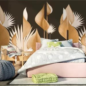 Custom Modern Luxury Digital Printed 3D Botanical Leaves Waterproof Silk Wall Decor Mural Painting for Living Room Wall Stickers