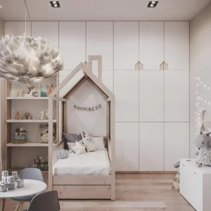 Custom Modern Pink Star Cloud Nordic Style Wallpaper for Girls’ Bedrooms Warm Wood Cabinet Background for Children’s Room