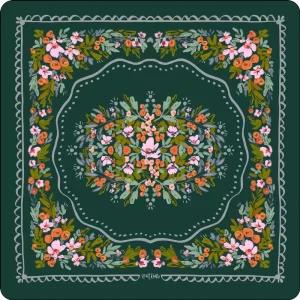Custom Modern Symmetrical Watercolor Floral Wreath Mahjong Table Mat Deep Emerald Green Background Blush Pink Orange Flower