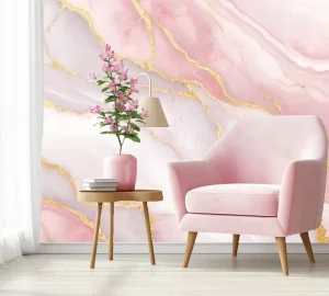 Custom Modern Wall Mural Elegant Pink White Marble Luxurious Golden Highlights Easy Installation Anti static Moisture Proof