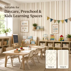 Custom Modern Waterproof Peel and Stick Floral Stripe Wallpaper Beige Matte PVC Canvas for Preschool and Bathroom Decor