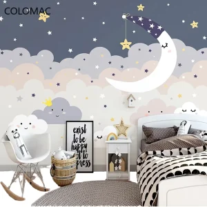 Custom Mural 3D Hand Painted Starry Sky Clouds Moon Cartoon Children’s Room Princess Waterproof Peel and Stick Wallpaper