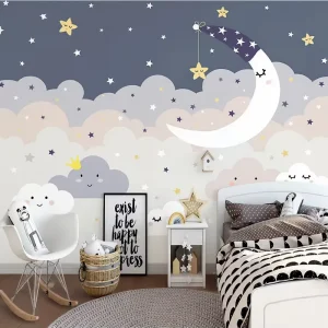 Custom Mural 3D Hand Painted Starry Sky Clouds Moon Cartoon Children’s Room Princess Waterproof Peel and Stick Wallpaper
