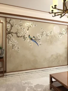 Custom Mural 8D New Chinese Style Magnolia Flower Bird Printed Waterproof Self-adhesive Nonwoven Fabric Matte Finish Wallpaper
