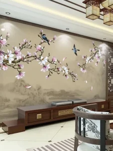 Custom Mural 8D New Chinese Style Magnolia Flower Bird Printed Waterproof Self adhesive Nonwoven Fabric Wallpaper Living Room