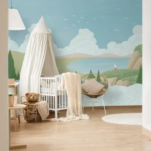 Custom Nursery Landscape Kids Room Wallpaper Mural Pastel Lake & Bunny Wall Decoration for Bedroom & Playroom Easy to Install