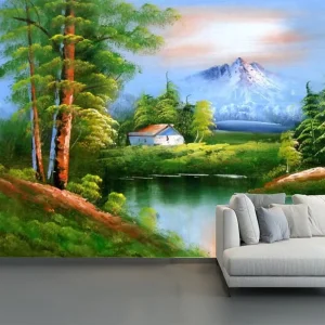 Custom Oil Painting Style Waterproof Paper Wall Mural Natural Scenery Mountains Woods for Bedroom Dining Rooms Exterior