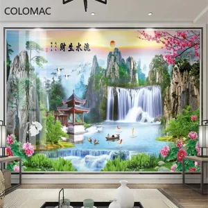 Custom Photo Mural Paper Chinese Style Waterfall Nature Landscape 3D Panoramic Wallpaper for Walls Home Decor Peel and Stick