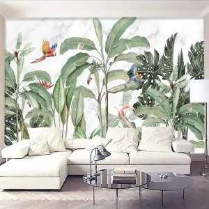 Custom Printed 3D Tropical Jungle Landscape Wallpaper Hand Painted Plant Banana Tree Leaf Flower Bird Lake Wallpaper Mural Wall