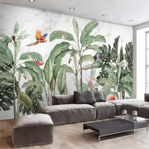 Custom Printed 3D Tropical Jungle Landscape Wallpaper Hand Painted Plant Banana Tree Leaf Flower Bird Lake Wallpaper Mural Wall