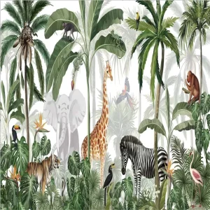 Custom Rainforest Mural Nordic Children Seamless Wallpaper Cartoon Forest Dinosaur Animal Plant Mural for Children’s Room