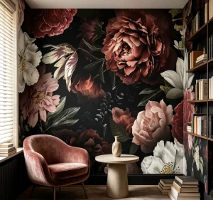 Custom Self Adhesive Wall Sticker Art Floral Mural Printing Dark Background Large Blooming Flowers Home Living Room Wallpaper