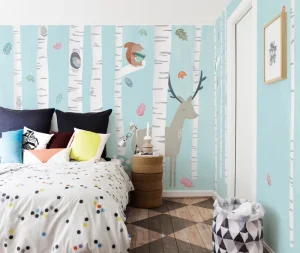 Custom Silk Waterproof Light Blue Birch Forest Wall Mural Cute Fox Deer Animal Wallpaper for Bedroom Living Room
