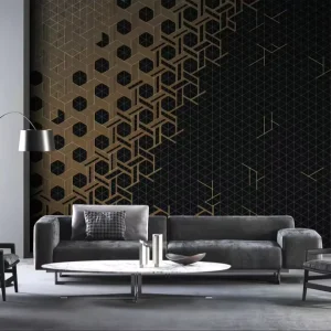 Custom Size Gold Accented Geometric Relief Wallpaper Luxury Metallic Wall Mural for Living Room Feature Hotel Lobby Renovation