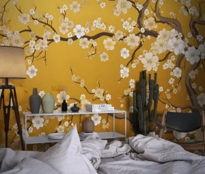 Custom Special Effect Chinoiserie Beads Embroidery Fabric Silk Wallpaper Mural Chinese Pattern Painting Style Wall Paper Mural