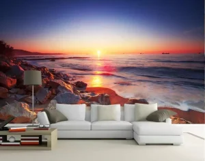 Custom Sunset Sunrise Ocean Waves Print Modern Living Room Bedroom Home Decoration Embossed 8d Silk Wallpaper