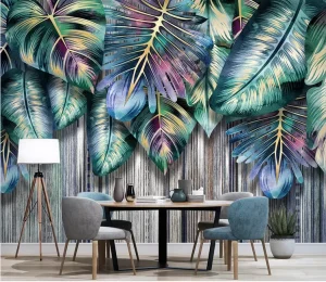 Custom Tropical Rain Forest Wall Mural Panels With Green Leaves And Wood Design Non woven PVC Vinyl Wallpaper