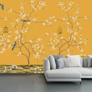 Custom Vintage Yellow Floral Wall Mural for Living Room Bedroom Seamless Waterproof Wallpaper