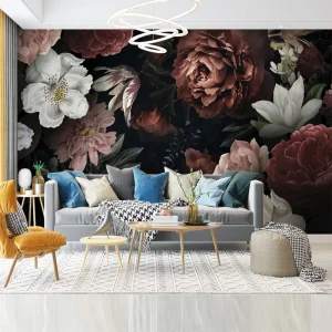 Custom Waterproof Art Floral Mural Dark Background Large Blooming Flowers Wallpaper for Home Wall Decoration