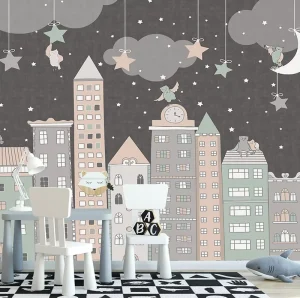 Custom Waterproof Eco Friendly Paper Wall Mural Cartoon Architecture Playful Design for Kids’ Bedroom Wall Decor