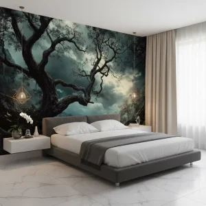 Custom Waterproof Home Indoor Wall Decoration Dark Sky Cloud Mountain Trees Landscape Mural Wallpaper
