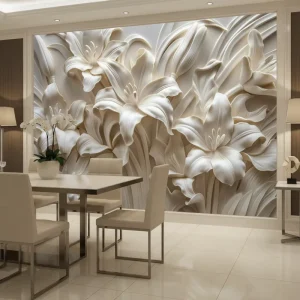 Custom Waterproof Home Wall Decoration 3D Floral Mural Cream Blooming Lily Flower Wallpaper
