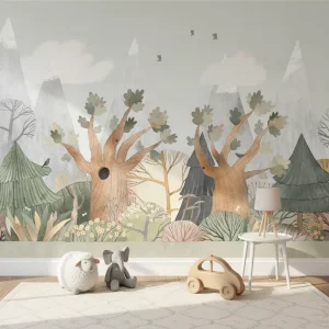 Custom Waterproof Home Wall Decoration Watercolor Sky Mountain Abstract Trees Children’s Cute Mural Wallpaper
