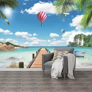 Custom Waterproof Seamless Beach Coconut Tree Scenery Mural Wallpapers for Bedroom & Exterior Wall Decor
