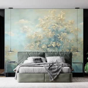 Custom Waterproof Soft Hazy Spring Scenery Home Wall Decoration Tree Blooming Flower Sky Cloud Landscape Mural Wallpaper