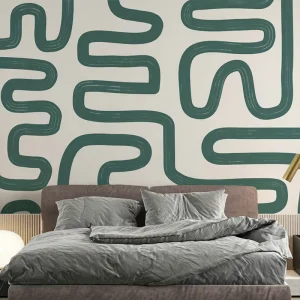 Custom Waterproof Wall Paper Home Room Wall Decor Vintage Sage Green Organic Curved Stroke Wallpaper Mural