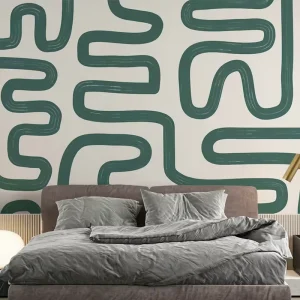 Custom Waterproof Wall Paper Home Room Wall Decor Vintage Sage Green Organic Curved Stroke Wallpaper Mural