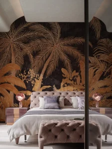 Customizable Black & Gold Tropical Palm Wallpaper Dark Jungle Botanical Mural for Boho Vintage Home Decor High Color Rendering
