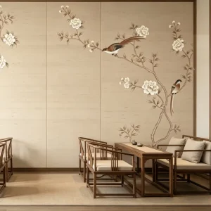 Customizable Luxury Wallpaper Florals Hand Printed Chinoiserie Silk Wallcovering for Wall Panels Interior Decoration