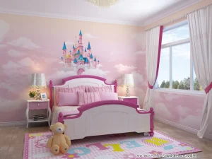Customizable Pink Castle & Cloud Wall Paper Mural Princess Fantasy Wall Decor for Girls Room & Playroom High Color Rendering