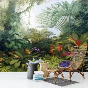 Customizable Tropical Jungle Green Scenery Wall Mural Waterproof Fireproof Background Wallpaper