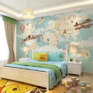 Customized 3D Eco Friendly World Map Cartoon Animal Airplane Hot Air Balloon Wallpaper Mural Wall Paper for Kids & Baby Room