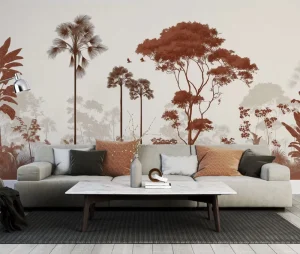 Customized 3D Jungle Landscape Earth Toned Waterproof PVC Self adhesive Wallpaper for Hospital and Hotel Interior Walls