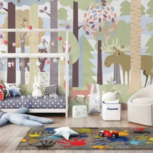 Customized Print Animal Forest Fabric Wallpaper Nature Green 3D Cartoon Kids Room Baby Room Mural Wallpaper