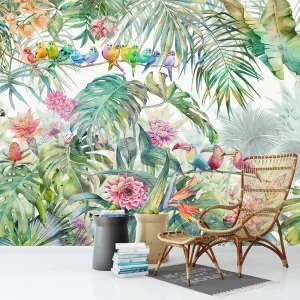 Customized Waterproof Paper Wall Stickers Wallpaper with Oil Painting Style of Tropical Plants Animals Birds for Dining Rooms