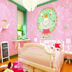 Cute Cartoon Pink Rabbit Waterproof Paper Wall Mural Customizable for Kids Baby Bedroom and Exterior Use